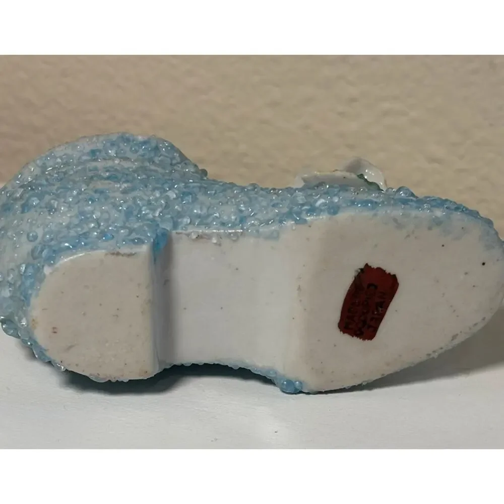 Vintage Porcelain Beaded Shoe Figurine Blue Moss Applied Rose Occupied JapaN
